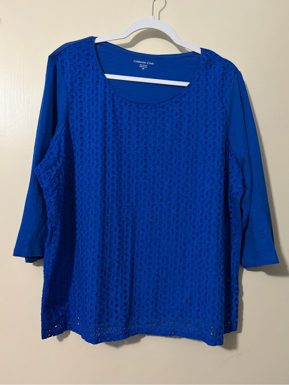 Bright blue lace front 3/4 sleeve 1X blouse
